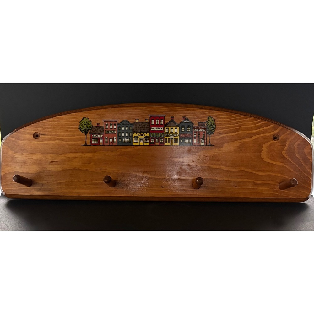 Vintage Wood Wall Rack 4 Shaker Pegs Hand Painted Village Scene Arched 20 Inch
